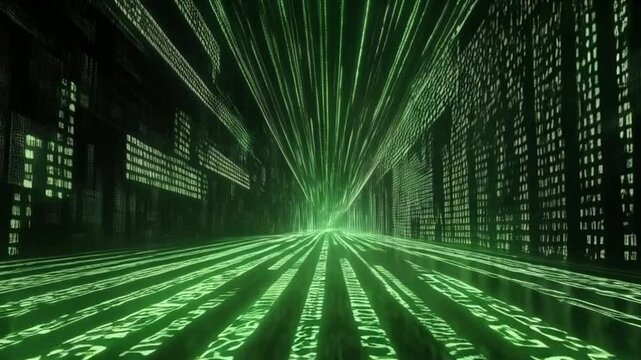 A digital green tunnel pulses binary code