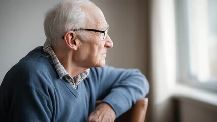Lonely elderly man looking out window at home
 - Powered by Adobe