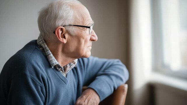 Lonely elderly man looking out window at home
