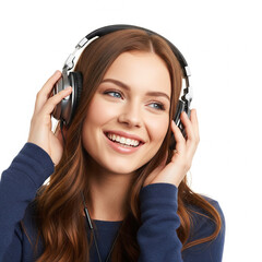 "A beautiful girl is listening to music with a smiling face wearing headphones on her ears" 