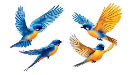 Fototapeta premium Colorful birds soaring in the sky with bold wings and bright details against black background