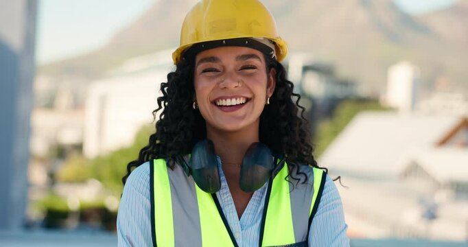 Face, happy woman or contractor on site for engineering, construction and project management. Hardhat, smile or proud female architect in renovation job for city development with confidence or safety
