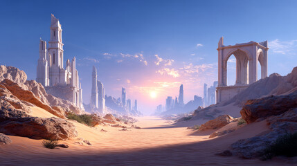 Fantasy desert city in ruins, half-buried in sand after a devastating elemental war