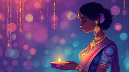 woman in colorful saree holding a glowing diya with bokeh lights and hanging decorations behind