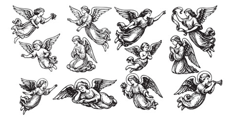 flying woman angel set woodcut engraving vector illustration