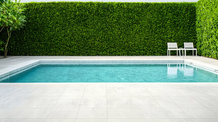 Modern Rectangular Pool With Green Wall And White Chairs