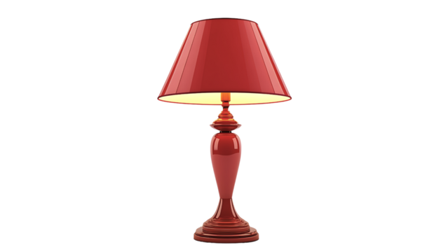 Elegant red table lamp with illuminated shade isolated on black background
