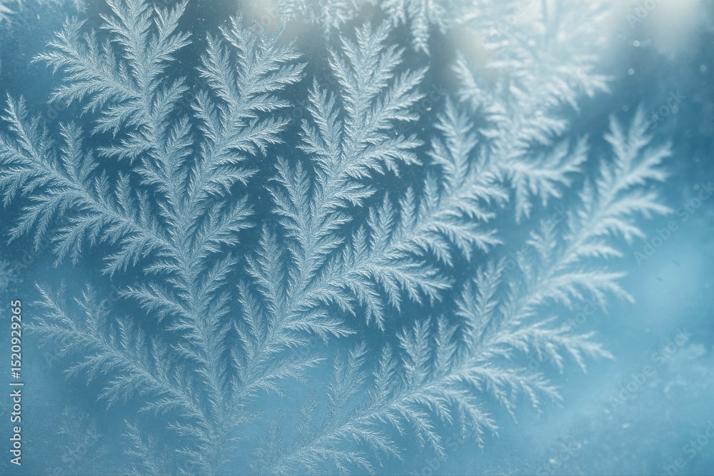 Poster close up of frost patterns resembling ferns on a cold winter window