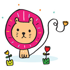 Cute doodle cartoon hand drawn lion illustration ,Cute doodle lion, cute animal