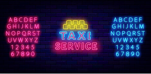Fototapeta premium Taxi service neon label. Car delivery. Passenger transportation. Shiny blue and pink alphabet. Vector stock illustration