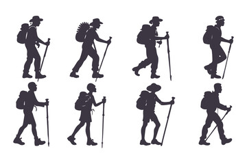 Hiking and trekking silhouette set. male and female hikers with backpacks and poles, perfect for outdoor, travel, and adventure design vector illustration