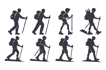 Obraz premium Hiking and trekking silhouette set. male and female hikers with backpacks and poles, perfect for outdoor, travel, and adventure design vector illustration