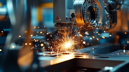 Fototapeta premium A laser precision welding machine in industrial machinery production line. 