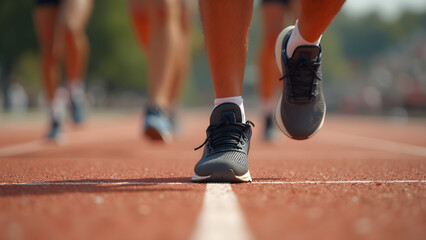 Starting block in a foot race. Readiness and focus in sprinting. Ultra realistic foot race preparation. Mindset for competitive racing success.