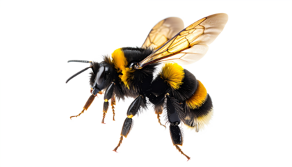 A detailed bumblebee showcasing its vibrant yellow and black coloration, with delicate wings and intricate body structure