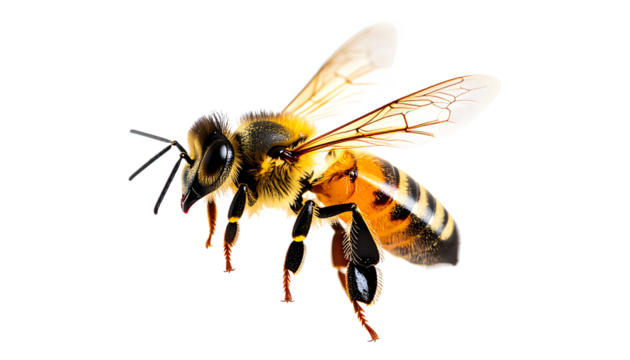 A detailed close-up of a bee showcasing its vibrant colors and intricate wing structure