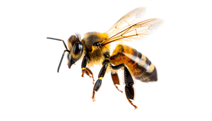 A detailed bee with striking yellow and black stripes, showcasing intricate wings and antennae