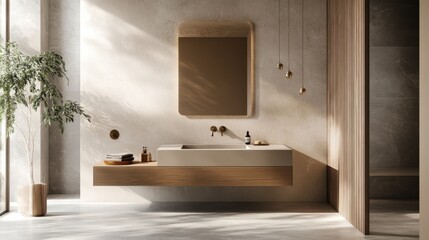 Modern bathroom interior design with natural light and warm tones.