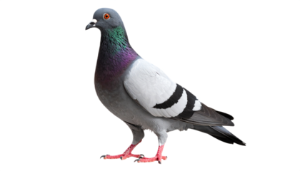 A colorful pigeon with iridescent plumage, showcasing a blend of gray, white, and black feathers, stands prominently