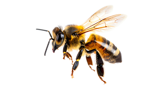 A detailed bee with striking yellow and black stripes, showcasing intricate wings and antennae