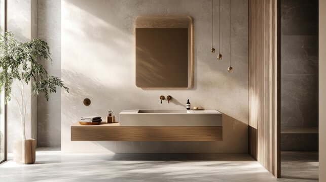 Modern bathroom interior design with natural light and warm tones. - Powered by Adobe