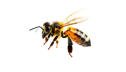 A detailed and vibrant honey bee showcasing its distinctive features, including stripes and wings
