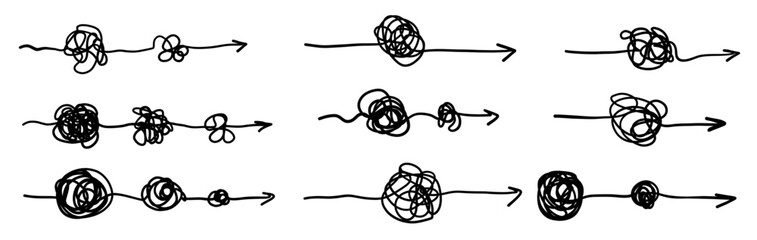 Chaos clarity arrow wire thread doodle sketch set. Hand drawn swirl way line solving trouble, problem collection, solution thread.