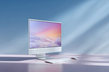 Fototapeta premium Modern desktop computer showing cloudscape wallpaper on pink desk