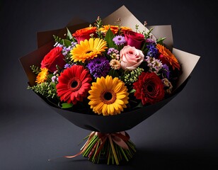 Colorful flower bouquet in a vase on a dark background