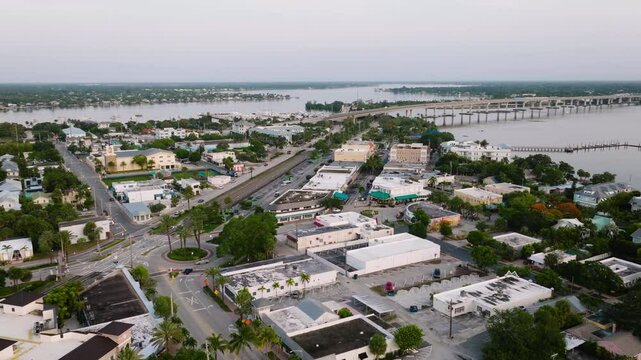 Downtown Stuart Florida Sunrise With Roosevelt Bridge Drone Circling Left