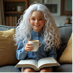 woman, coffee, cup, tea, drinking, drink, smiling, home, smile, sitting, beverage, beauty, holding, blond, mug, business, morning, people, happiness, lifestyle, hot, face, laptop, person, bed