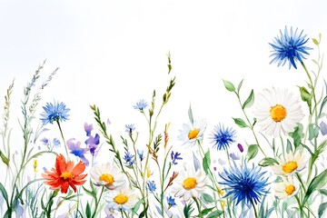 Watercolor wildflowers, daisies, and blue thistles with grasses on the right side of the page, white background, no shadow