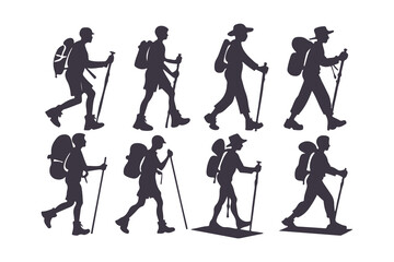 Obraz premium Hiking and trekking silhouette set. male and female hikers with backpacks and poles, perfect for outdoor, travel, and adventure design vector illustration