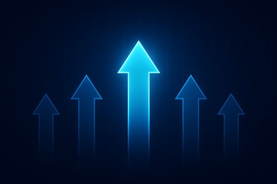 Blue glowing arrows ascending on dark grid background