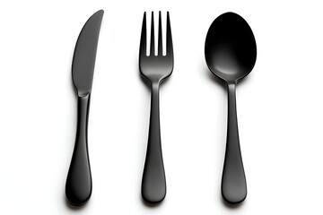 High quality photo of silhouette of a knife fork and spoon cutlery set in black color isolated on a white background.