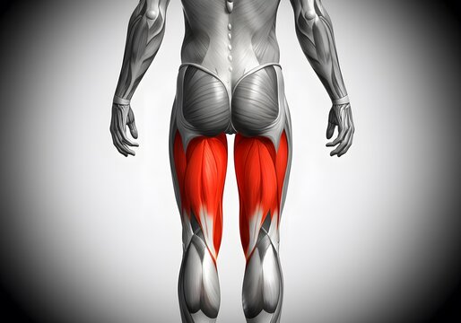 Human Leg Muscles Anatomy:Detailed 3D rendering showcasing the intricate anatomy of human leg muscles, highlighting the hamstring group in vibrant red.