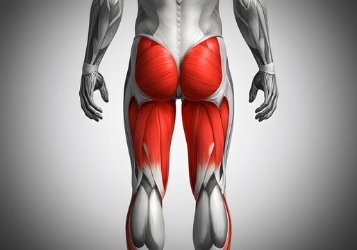 Anatomical Highlight: An intricately detailed anatomical illustration showcases the gluteal muscles and hamstring muscles.