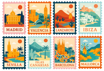 Fototapeta premium SET OF SPAIN STAMPS ILLUSTRATION (MADRID, VALENCIA, BARCELONA, SEVILLA, IBIZA, MALLORCA, ISLAS CANARIAS, LANZAROTE)