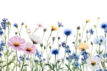 Watercolor wildflowers, daisies, and blue thistles with grasses on the right side of the page, white background, no shadow