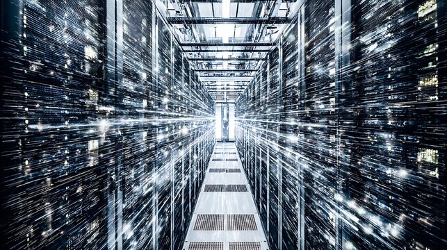 Data center server room futuristic perspective