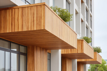 Fototapeta premium closeup view of modern wooden building facades emphasizing clean lines and light shades
