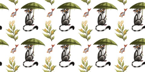 Cute lemur holding green umbrella with flowers and birds on a light background