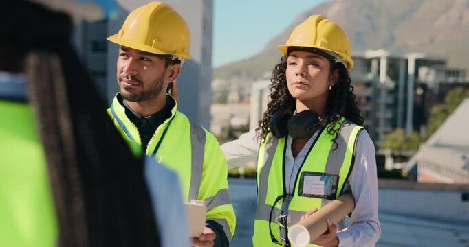 Teamwork, inspection or contractors on site for talking, construction plan and project management. Clipboard, builder or people in renovation for city development with checklist or engineering safety