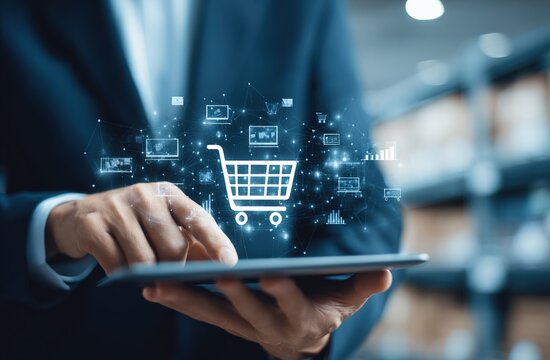 Businessman uses digital tablet to manage ecommerce marketplace. Interacts with virtual shopping cart, sales data. Plan for retail expansion, online store growth underway. Business tech key for