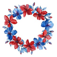 Obraz premium Watercolor wreath with flowers in red and blue colors, on a plain blank white background. 