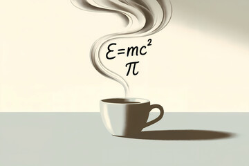 Minimalist digital art showing a coffee cup with steam rising as mathematical formulas, symbolizing knowledge consumption, learning, and intellectual energy.