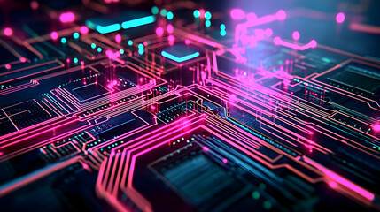 Fototapeta premium Abstract Circuit Board Design With Pink And Turquoise Neon Lights