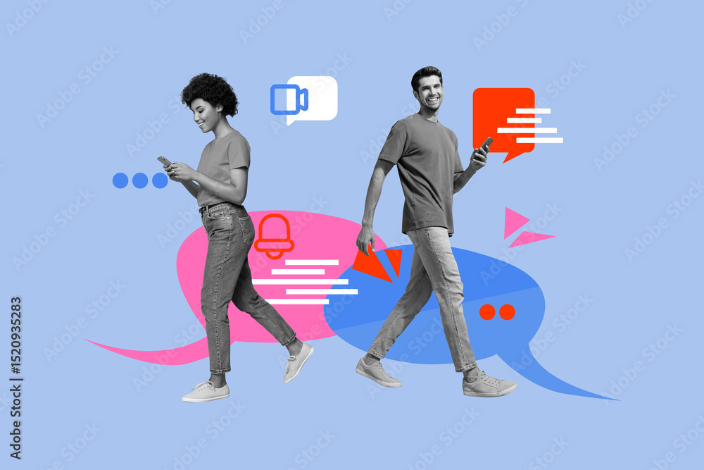 Aufkleber full 3d poster art collage of happy girl guy hold phone send message bubble communication interface 