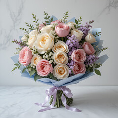 Charming Mixed Rose Bouquet with Lilac and Blue Paper Wrap