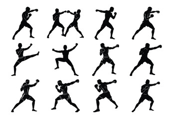 Vector Silhouette Set of Boxers in Fighting Stance and Action Poses – Boxing and Martial Arts on white background